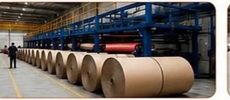 Kraft paper reels staged for the corrugator line